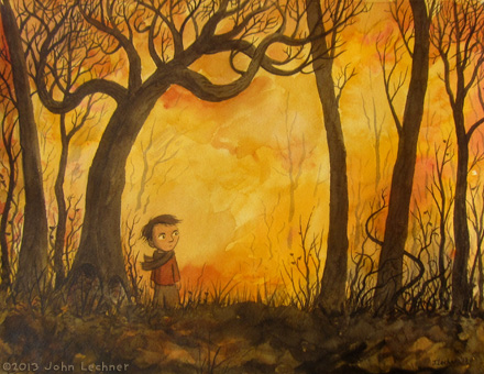 Boy in the Woods, watercolor by John Lechner
