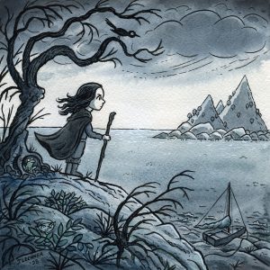 Ink and watercolor drawing of a girl standing on a hill looking out towards and island across the sea.